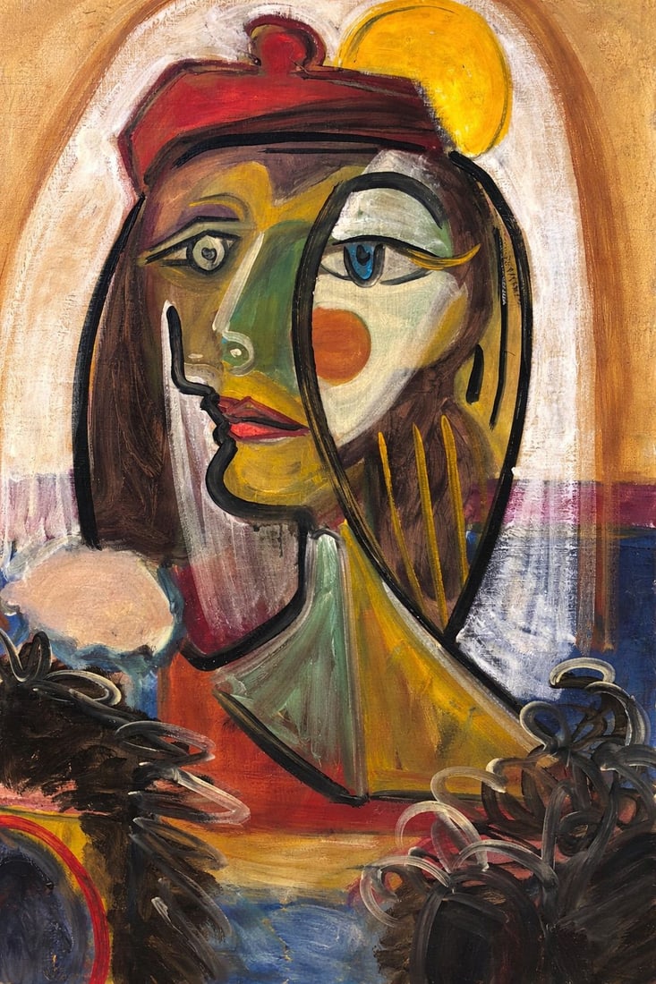 Cubist Expressionist Portrait (1/1 Masterpiece NFT + Physical Artwork): Cubist Expressionist Portrait | High-Impact Collector WorkDual Gaze Under the Golden Sun is a compelling study of fractured identity, perception, and emotional duality. The portrait presents a single 