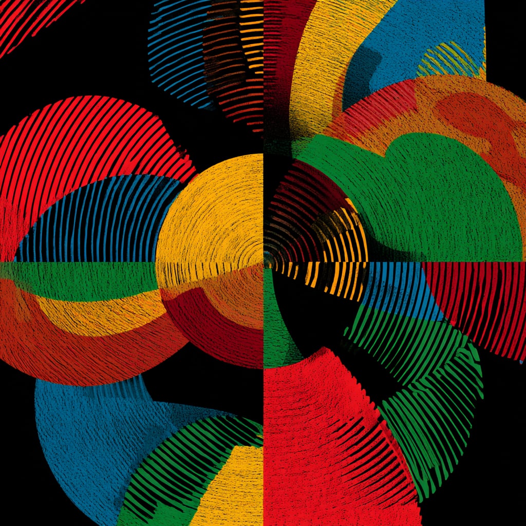 Chromatic Orbit. Acrylic print on panel. By the IAAG Artists Group. Contemporary.: Title: Chromatic Orbit Technique: Acrylic print on panel Measures: 20 × 16 inches (51 × 41 cm) Year: Contemporary Condition: Excellent condition. Rich, saturated color with crisp graphic definition.