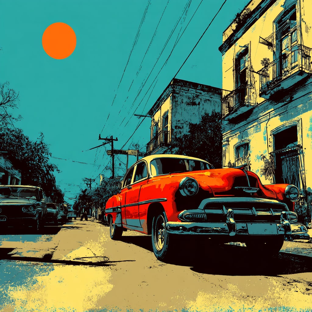 Havana Heat. Acrylic print on panel. By the IAAG Artists Group. Contemporary.: Title: Havana Heat Technique: Acrylic print on panel Measures: 20 × 16 inches (51 × 41 cm) Year: Contemporary Condition: Excellent condition. Vivid color saturation with crisp linework and clean acr