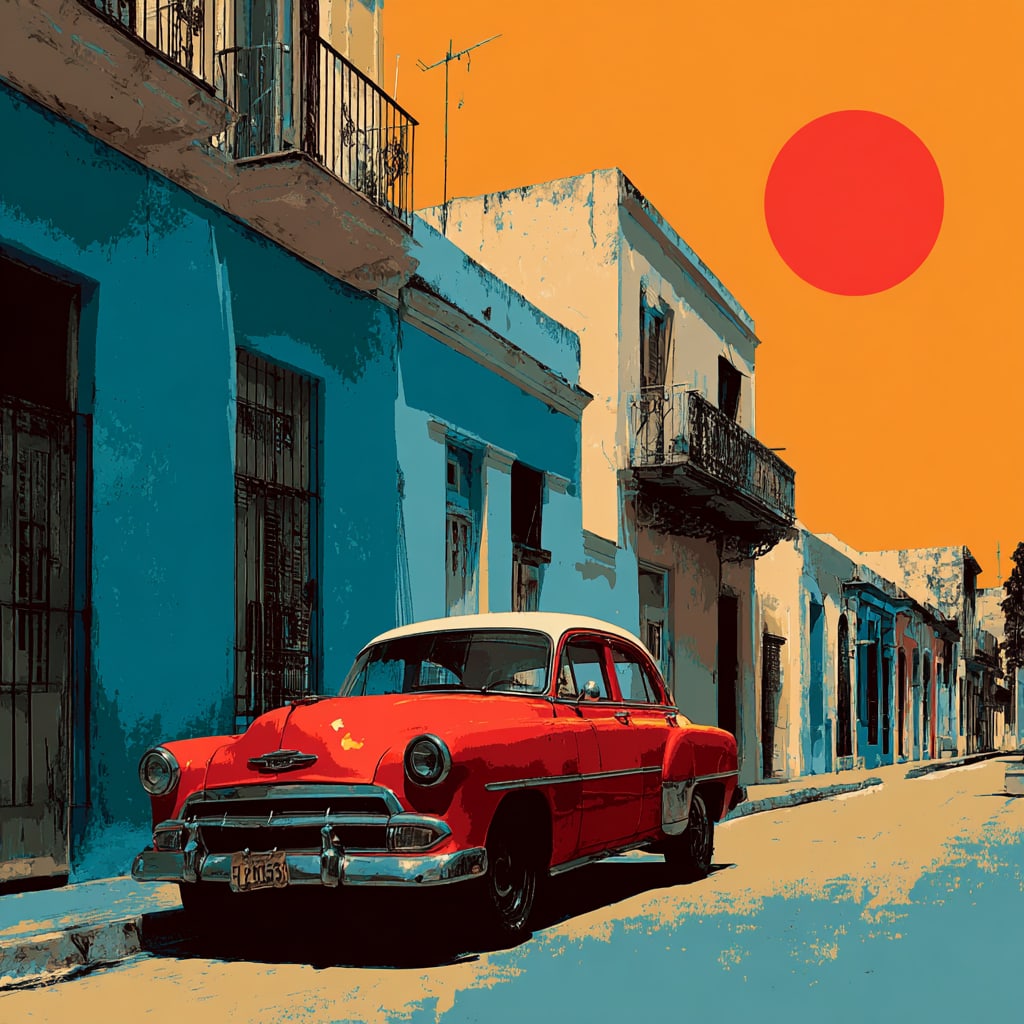 Caribbean Sun Drive. Acrylic print on panel. By the IAAG Artists Group. Contemporary.: Title: Caribbean Sun Drive Technique: Acrylic print on panel Measures: 20 × 16 inches (51 × 41 cm) Year: Contemporary Condition: Excellent condition. Strong, saturated color fields with sharp graphi