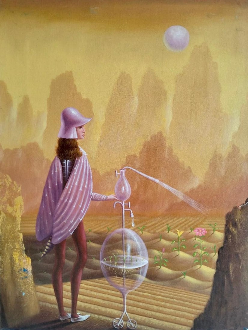 Remedios Varo Spanish-Mexican 1908–1963 Oil on Canvas Painting in the Style of Varo. Carrington &: Title: Figure Tending a Surreal Garden Technique: Oil on canvas Measures: 30 × 23 inches Year: Circa mid-20th century Condition. Good overall condition. The surface shows stable pigment with finely c