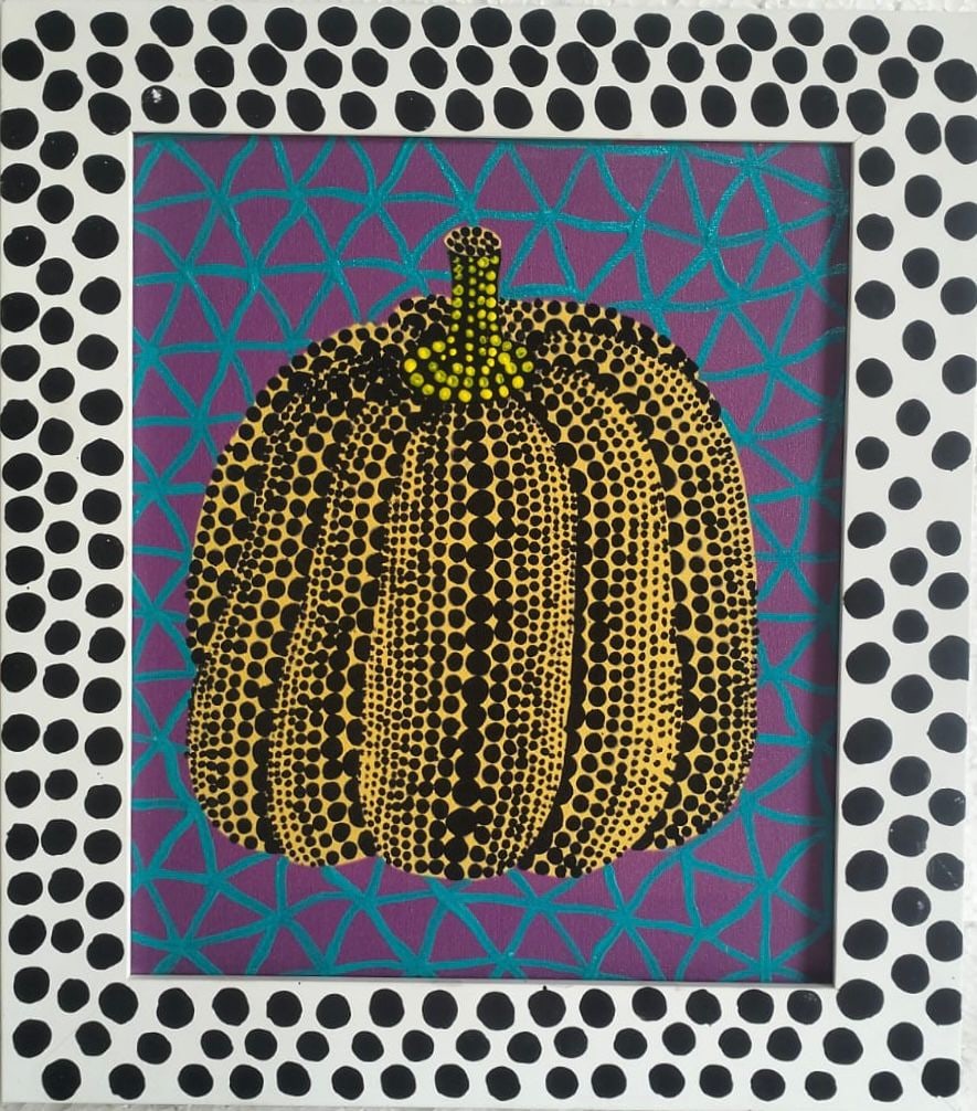Yayoi Kusama 1929–Present Japanese Acrylic on Canvas In the Style of. Infinity Nets, Polka Dot: Title: Pumpkin Technique: Acrylic on canvas Measures: 13 ½ × 11 ½ inches (34 × 29.5 cm) Year: Painted in 2000 Condition. Good overall condition. The surface shows stable pigment with c