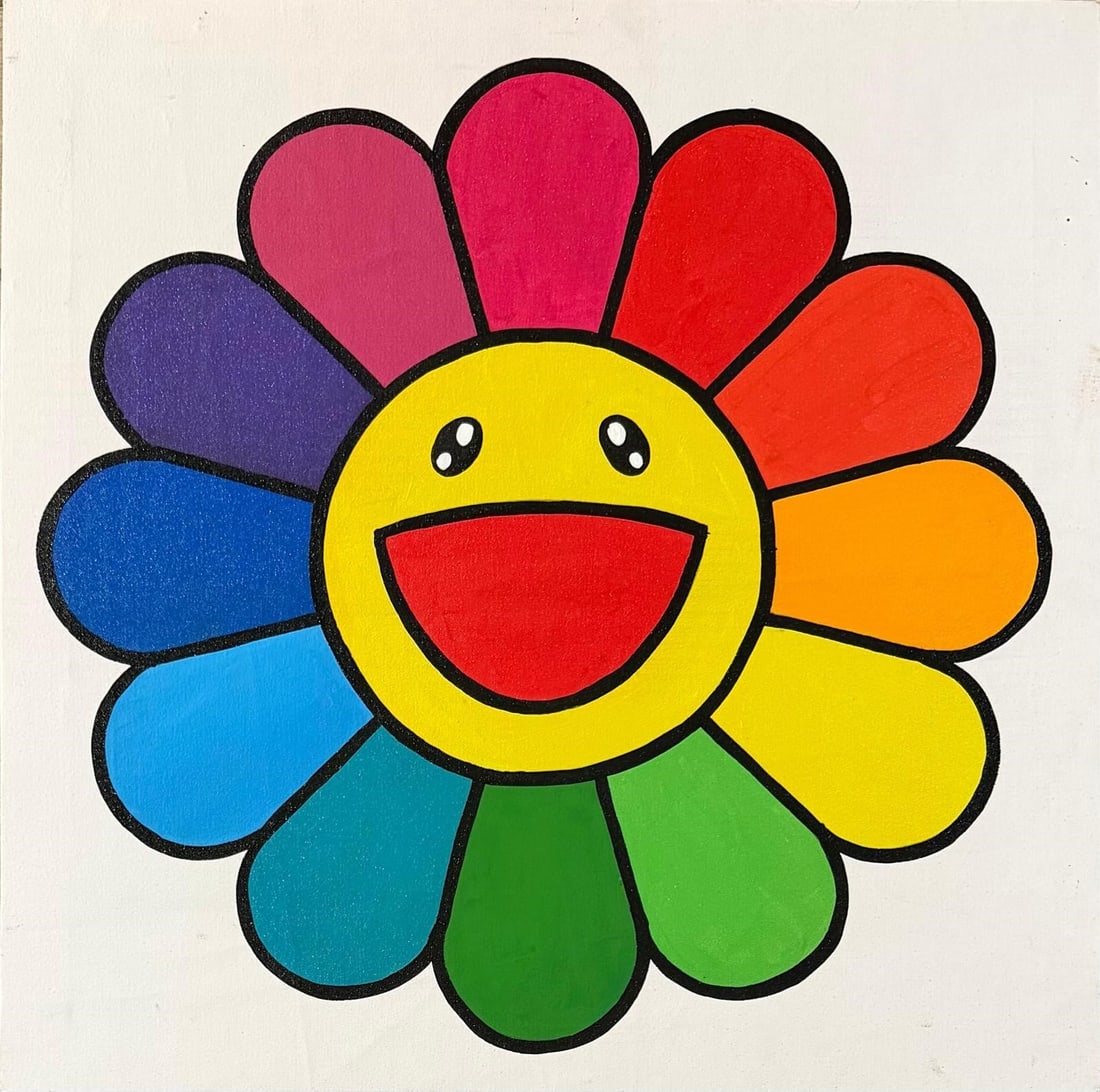 Takashi Murakami 1962–Present Japanese Acrylic on Canvas In the Style of. Superflat, Pop Art,: Title: Smiling Flower Composition Technique: Acrylic on canvas Measures: 23 × 23 inches (58.4 × 58.4 cm) Year: 2018 Condition. Good overall condition. The surface shows stable pigment with clean and