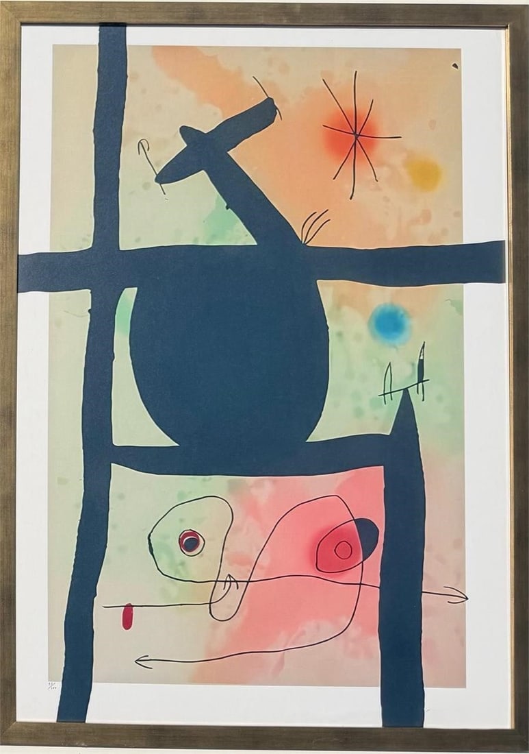 Joan Miró 1893–1983 Spanish Lithograph on Paper In the Style of. Surrealism, Biomorphic Forms,: Title: Untitled Technique: Lithograph with hand-coloring on paper Measures: 39 × 27 inches (99.1 × 68.6 cm) Year: Circa mid-20th century Condition. Very good overall condition. The paper shows stabl