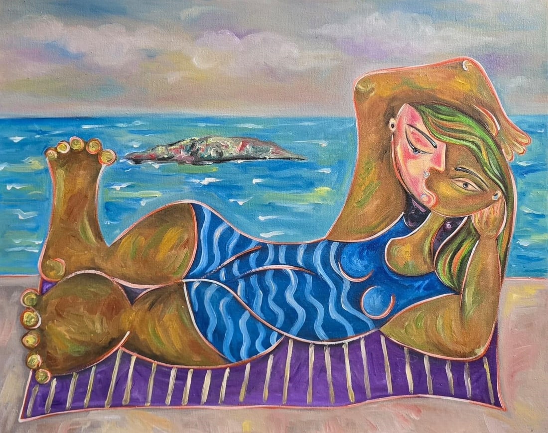 Pablo Picasso 1881–1973 Spanish Oil on Canvas In the Style of. Cubism, Picasso, Modernist Era.: Title: Reclining Figure by the Sea Technique: Oil on canvas Measures: 16 × 20 inches (40.6 × 50.8 cm) Year: Circa 1950s Condition. Good overall condition. Stable surface with visible, expressive bru