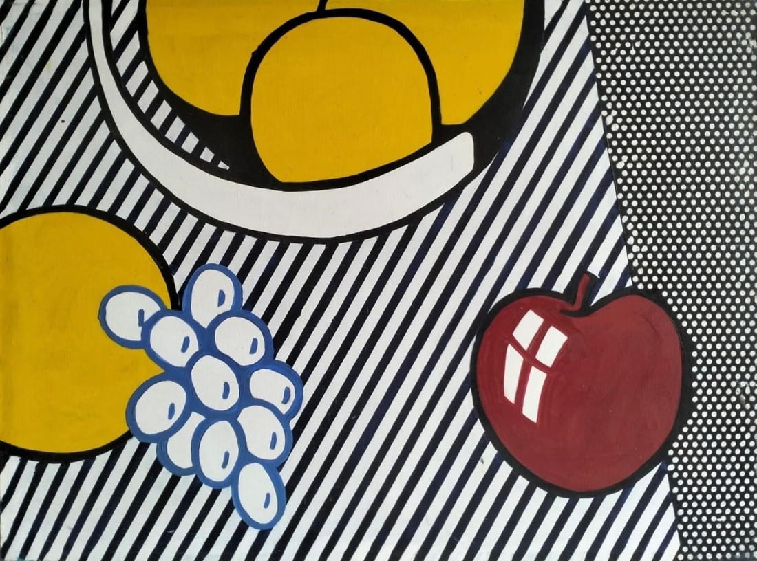 Roy Lichtenstein 1923–1997 American Oil on Canvas In the Style of. Pop Art, Ben-Day Dots,: Title: Apples, Grapes, Grapefruit Technique: Oil on canvas Measures: 23 ½ × 31 ½ inches (59.7 × 80 cm) Year: 1974 Condition. Good overall condition. Surface is stable with crisp edges,