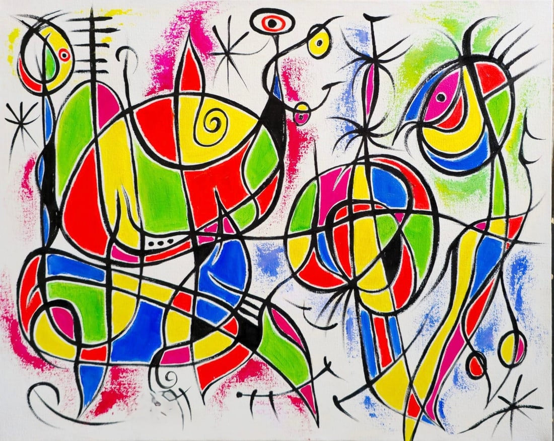 Joan Miró 1893–1983 Spanish Oil on Canvas In the Style of. Surrealism, Biomorphic Forms, Miró,: Title: Untitled Technique: Oil on canvas Measures: 20 × 16 inches Year: Circa mid-20th century Condition. Good overall condition. The surface shows stable pigment with crisp, well-defined black linew