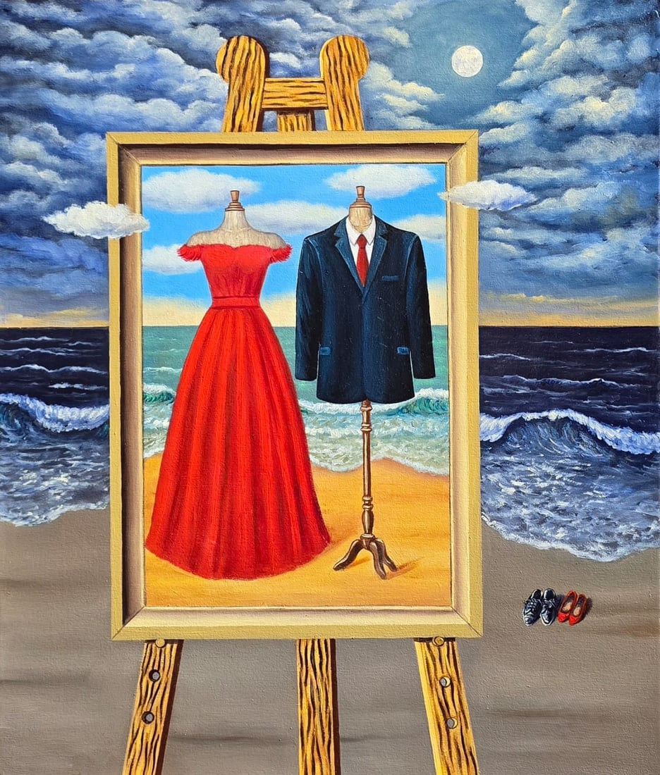 René Magritte Belgian 1898–1967 Oil on Canvas Painting in the Style of Magritte. Dalí & Miró: Title: Untitled Technique: Oil on canvas Measures: 20 × 17 inches Year: Circa mid-20th century Condition. Good overall condition. The surface shows stable pigment with smooth, controlled application 