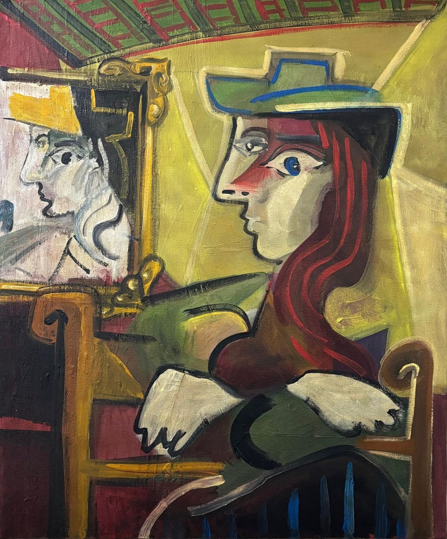 Pablo Picasso Spanish 1881-1973 Oil on Canvas Painting in the Style of Picasso. Magritte & Chagall: Title:Woman Before the Mirror Technique: Oil on canvas Measures: 23 × 19 inches Year: Circa mid-20th century Condition. Good overall condition. Stable and well-preserved pigment layers with expressiv