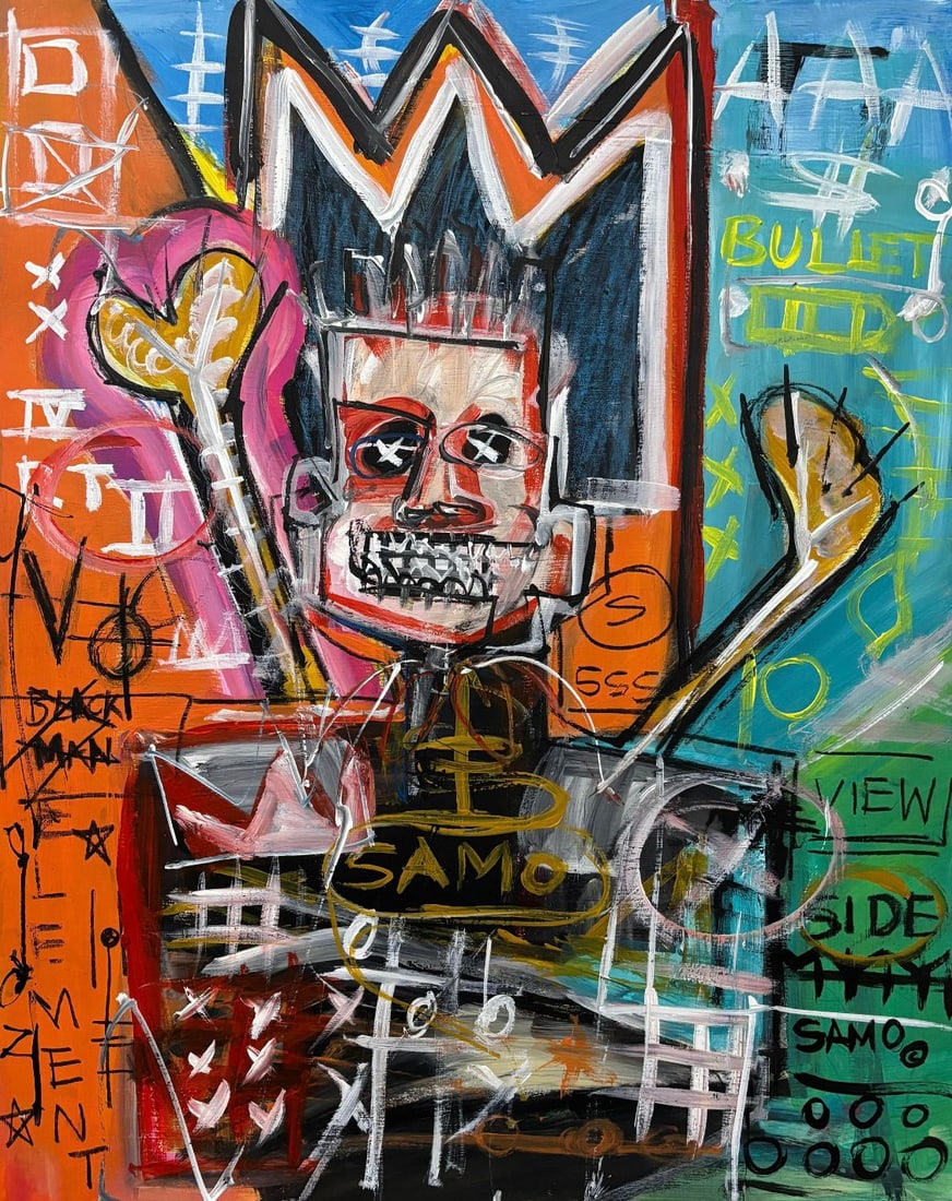 Jean Michel Basquiat 1960-1988 Mixed Media/Canvas In The Style of. Haring,Warhol,Basquiat Era.: Title: Crowned Urban Prophet Technique: Acrylic and mixed media on canvas Measures: 19 × 15 inches Year: Circa 1980s Condition. Good overall condition. Stable and well-preserved layered pigment with 