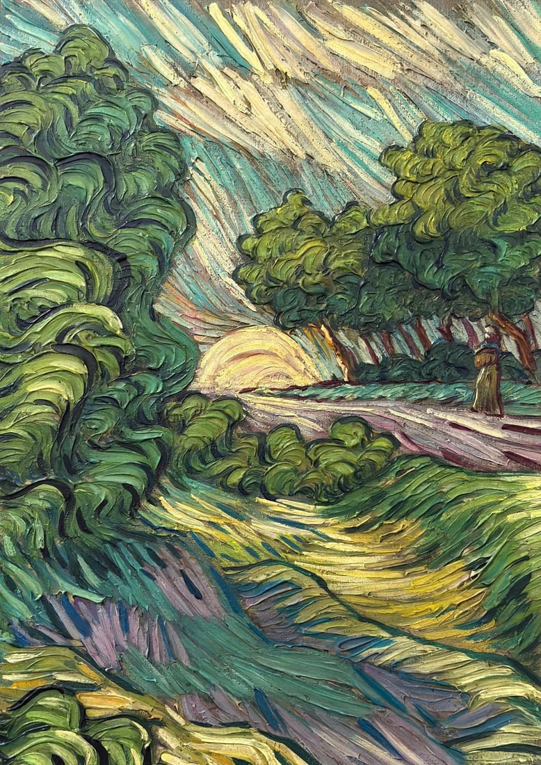Vincent Van Gogh Dutch 1853-1890 Oil on Canvas painting in the style of. Gaugin, Monet, Degas Period: Title: Path Beneath the Setting Sun Technique: Oil on canvas Measures: 13 × 9 inches Year: Circa late 19th century Condition. Good overall condition. The surface shows stable pigment with richly text