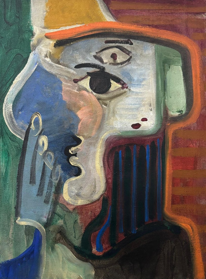Pablo Picasso Spanish 1881-1973 Oil on Canvas Painting in the Style of Picasso. Magritte & Chagall: Title: Chromatic Visage Technique: Oil on canvas Measures: 15 x 11 inches Year: Mid-20th Century Modernist period Condition: Minor surface wear and light craquelure consistent with age; vibrant pigmen