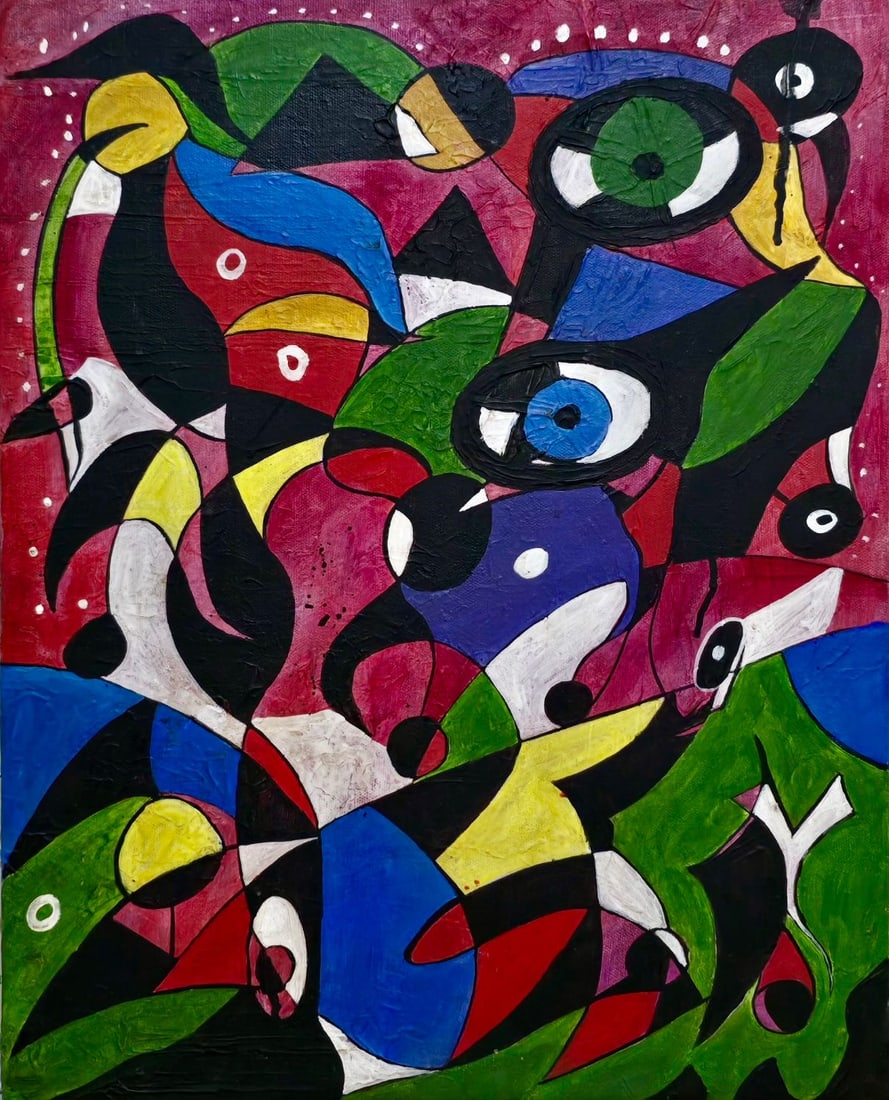 Joan Miro Spanish 1893 - 1983 Oil on Canvas in the style of. Dali, Magritte, & Miro Surrealism Era.: Title: Celestial Forms Technique: Oil on canvas Measures: 19 x 15 inches Year: Mid-20th Century Modernist period Condition: Excellent overall presentation with minor surface wear and subtle texture va