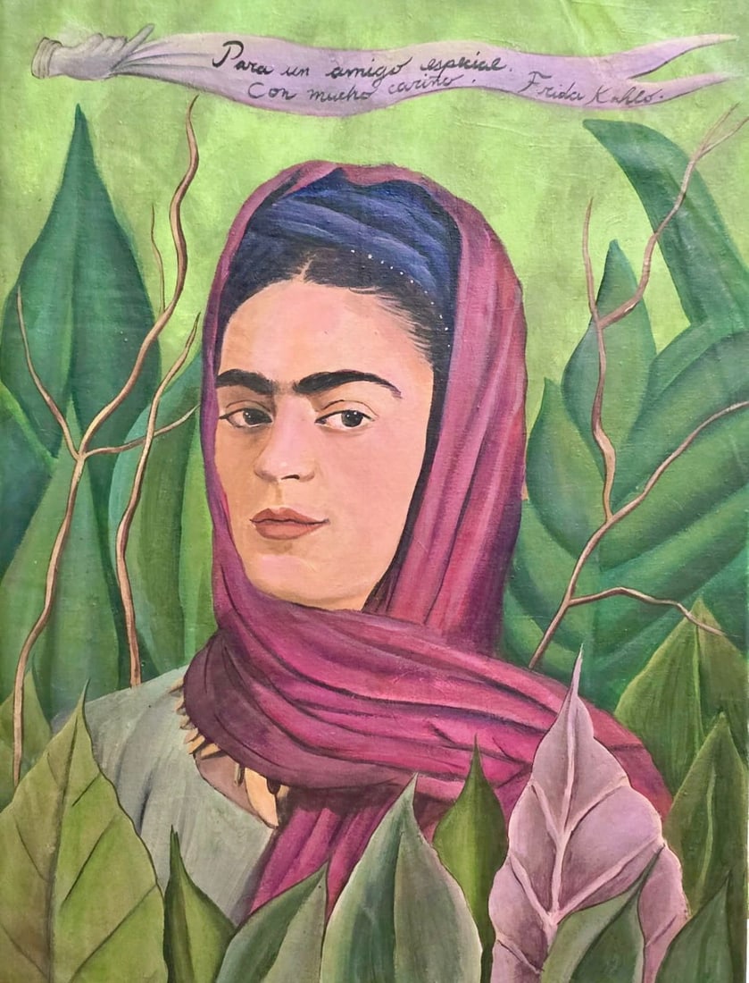 Frida Kahlo Mexican 1907–1954 Oil on Canvas Painting in the Style of Kahlo. Rivera & Breton: Title: Jungle Reverie Technique: Oil on canvas Measures: 16 x 12 inches Year: Mid-20th Century Modernist period Condition: Minor surface wear and light discoloration consistent with age; composition r
