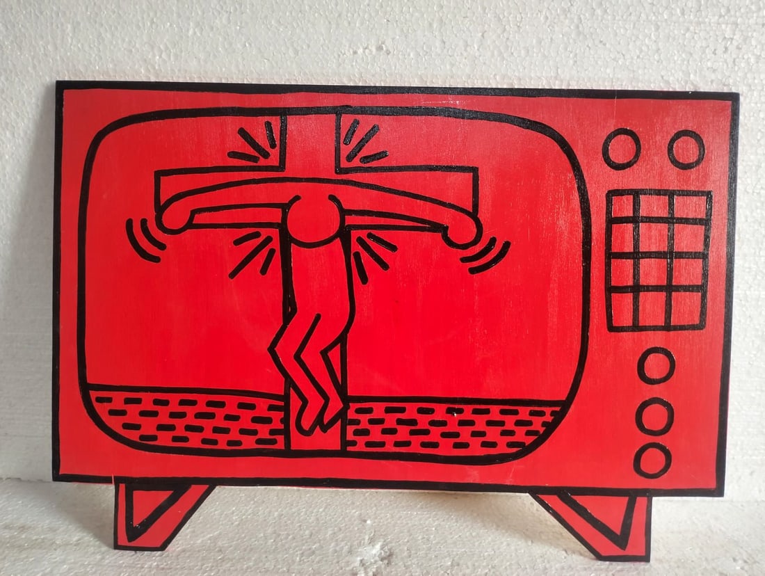 Keith Haring American 1958 - 1990 Acrylic/Plywood In The Style of. Warhol & Haring Pop Art Period.: Title: Electric Transmission Technique: Acrylic on plywood. Measures: 20 ½ x 29 ¼ inches. Year: 1982. Condition: Strong graphic surface with vivid coloration and stable composition; mino