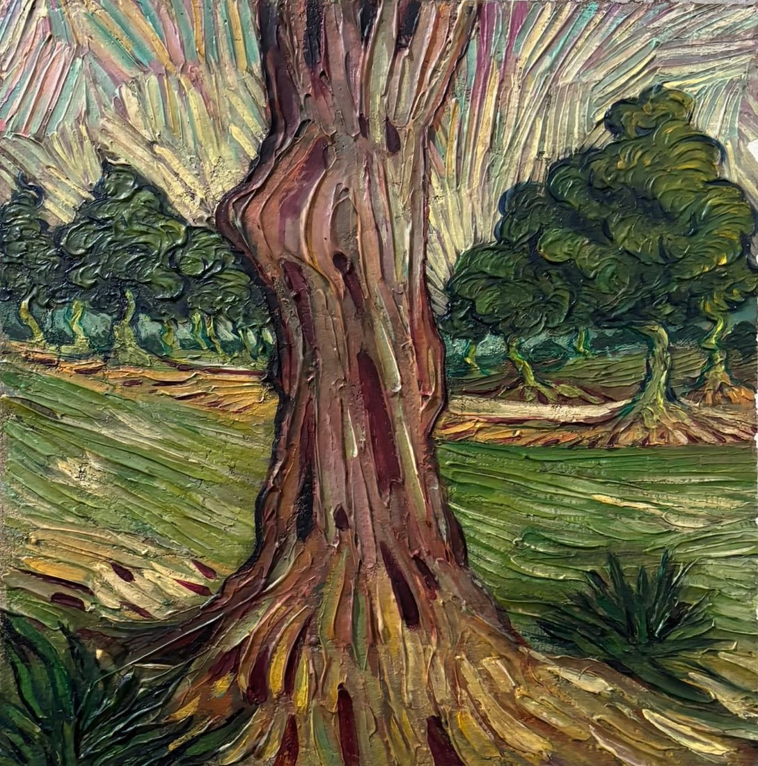 Vincent Van Gogh Dutch 1853-1890 Oil on Canvas painting in the style of. Gaugin, Monet, Degas Period: Title: Ancient Grove Technique: Oil on canvas Measures: 10 x 10 inches Year: Late 19th Century Post-Impressionist period Condition: Rich impasto and textured surfaces remain well preserved with minor 