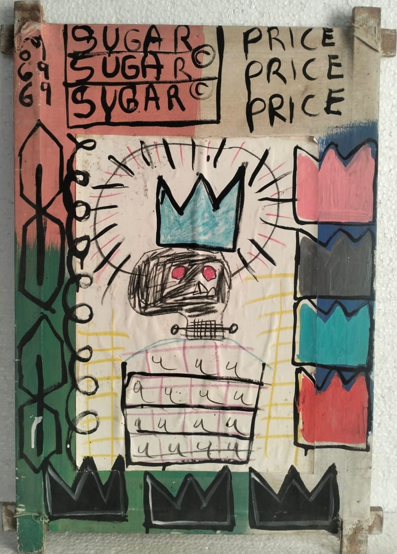 Jean Michel Basquiat 1960-1988 Mixed Media/Canvas In The Style of. Haring,Warhol,Basquiat Era.: Title: Sugar Price Technique: Mixed media and acrylic on canvas. Measures: 23 x 15 inches. Year: 1982. Condition: Dynamic surface with strong coloration and expressive texture; minor edge wear and lig