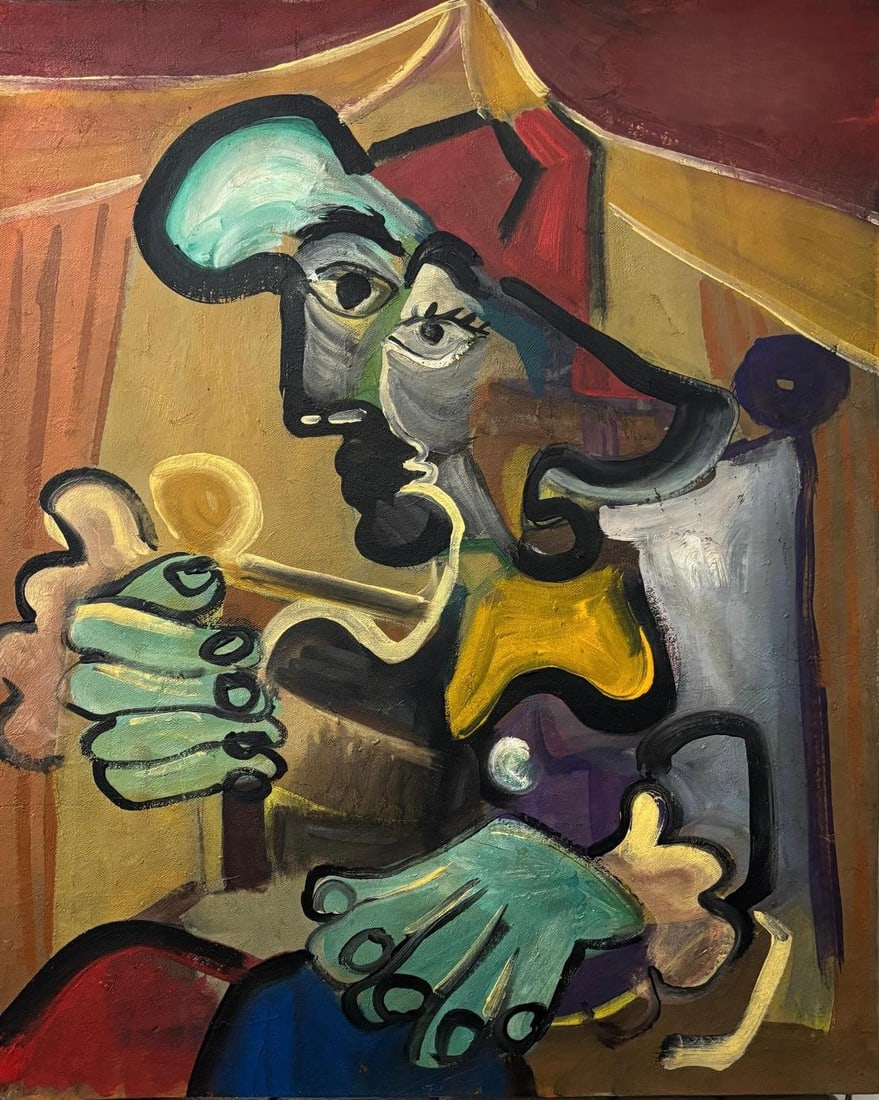 Pablo Picasso Spanish 1881-1973 Oil on Canvas Painting in the Style of Picasso. Magritte & Chagall: Title: Nocturne Figure Technique: Oil on canvas Measures: 19 x 16 inches Year: Mid-20th Century Modernist period Condition: Surface presents minor wear and scattered craquelure consistent with age; pa