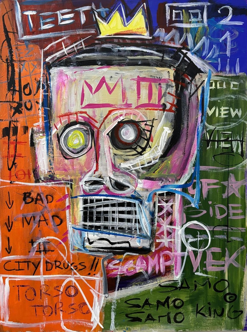 Jean-Michel Basquiat American 1960–1988 Acrylic and Mixed Media on Canvas in the Style of. Haring,: Title: Urban Crown Technique: Acrylic and mixed media on canvas Measures: 15 x 11 inches Year: Late 20th Century Neo-Expressionist period Condition: Surface presents intentional layering and expressiv