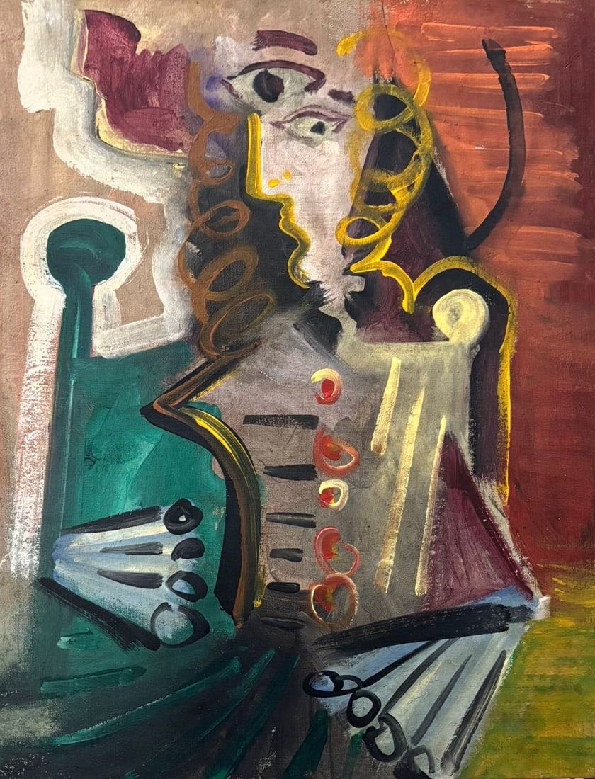 Pablo Picasso Spanish 1881-1973 Oil on Canvas Painting in the Style of Picasso. Magritte & Chagall: Title: Seated Muse Technique: Oil on canvas Measures: 15 x 11 inches Year: Mid-20th Century Cubist period Condition: Minor surface wear and light craquelure consistent with age; pigments remain vibran