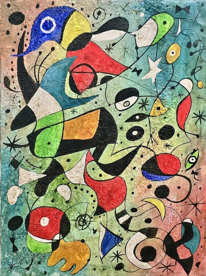 Joan Miró 1893–1983 Spanish Oil on Canvas In the Style of. Surrealism, Biomorphic Abstraction,: Title: Abstract Composition with Biomorphic Forms Technique: Oil and mixed media on canvas Measures: 15 × 11 inches Year: Circa mid-20th century Condition: Surface presents well with vivid pigmentati