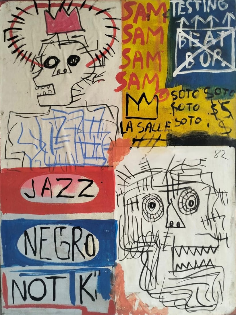 Jean Michel Basquiat 1960-1988 Mixed Media/Canvas In The Style of. Haring,Warhol,Basquiat Era.: Title: Untitled (Jazz Negro Composition) Technique: Mixed media on canvas Measures: 30 × 23 inches Year: Circa 1982 Condition: Strong overall presentation with vivid surface detail, expressive linewo
