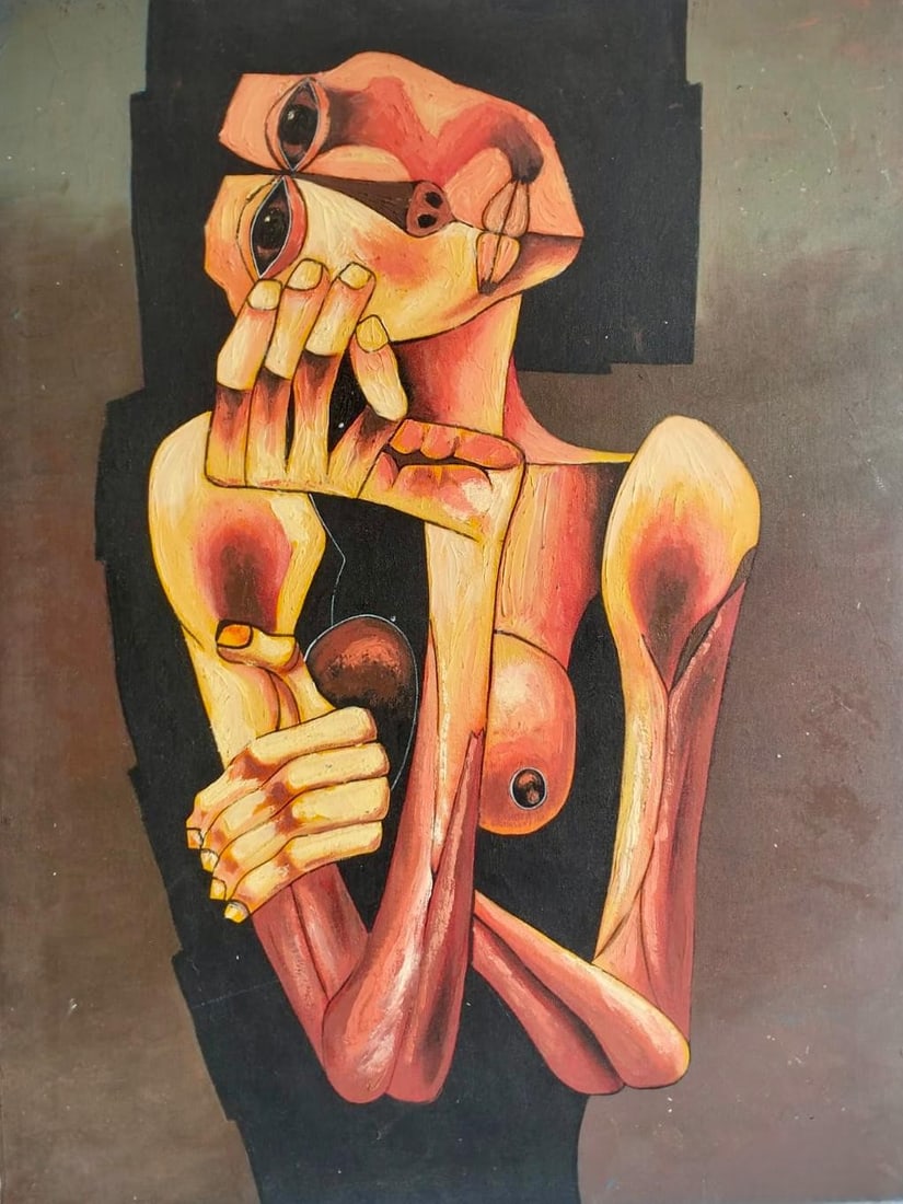 Oswaldo Guayasamín Ecuadorian 1919 - 1999 Oil on Canvas Painting In The Style of. Rivera, Orozco, &: Title: Distorted Female Figure Technique: Oil on canvas Measures: 31 ½ × 26 ½ inches Year: 1985 Condition: Painting presents strong visual impact with stable surface, vivid coloration, 