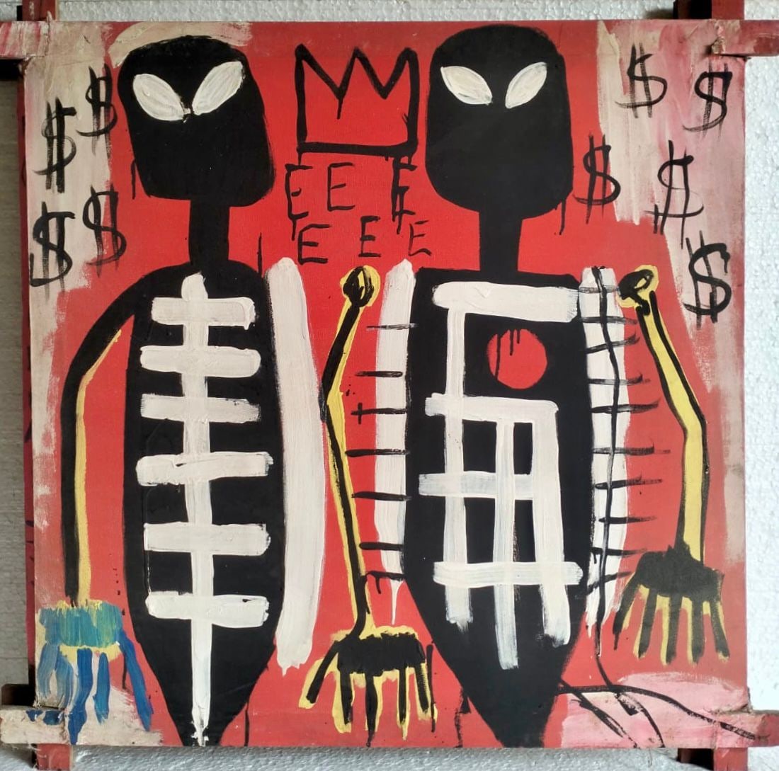 Jean Michel Basquiat 1960–1988 American Mixed Media on Canvas with Tied Wood Supports In the Style: Title: Untitled Technique: Mixed media on canvas with tied wood supports Measures: 32 × 32 inches Year: Executed in 1982 Condition: Surface retains strong coloration and expressive detailing with min
