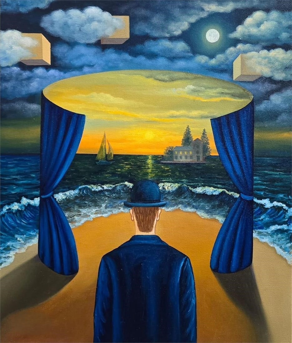 René Magritte 1898–1967 Belgian Oil on Canvas In the Style of. Surrealism, Conceptual Imagery,: Title: Untitled Technique: Oil on canvas Measures: 24 × 20 inches Year: Circa mid-20th century Condition: Painting retains strong tonal depth and crisp surrealist imagery with light surface wear and 