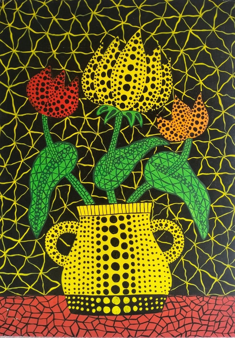 Yayoi Kusama (B.1929) Acrylic on canvas Japanese In the Style of. Pop Art Era: Title: Flowers Technique: Acrylic on canvas. Measures: 28 x 19 inches (70 x 50 cm). Year: 2000. Condition: Excellent overall presentation with vivid pigmentation and clean surface detail; minimal hand