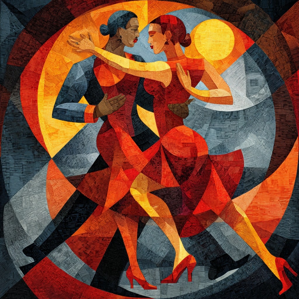 Embers of Tango. Acrylic print on panel. By the IAAG Artists Group. Contemporary.: Title: Embers of Tango Technique: Acrylic print on panel Measures: 20 × 16 inches (51 × 41 cm) Year: Contemporary Condition: Excellent condition. Rich color saturation with precise geometric detaili