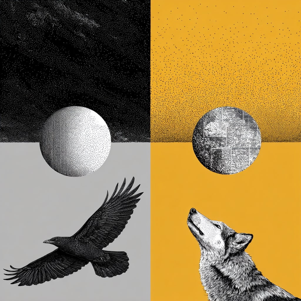 Celestial Divide: Raven & Wolf. Acrylic print on panel. By the IAAG Artists Group. Contemporary.: Title: Celestial Divide: Raven & Wolf Technique: Acrylic print on panel Measures: 20 × 16 inches (51 × 41 cm) Year: Contemporary Condition: Excellent condition. Fine detail and contrast are sharply 