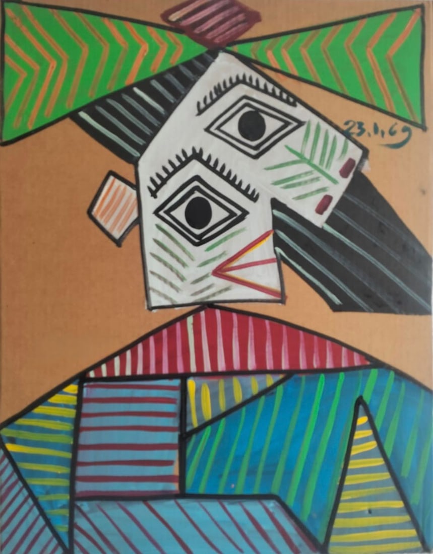 Pablo Picasso Spanish 1881-1973 Oil on Canvas Painting in the Style of Picasso. Magritte & Chagall: Title: Buste de Femme Technique: Oil and Ripolin on corrugated cardboard Measures: 28 × 22 inches Year: Painted in Mougins, January 1969 Condition: Strong overall presentation with vivid coloration a