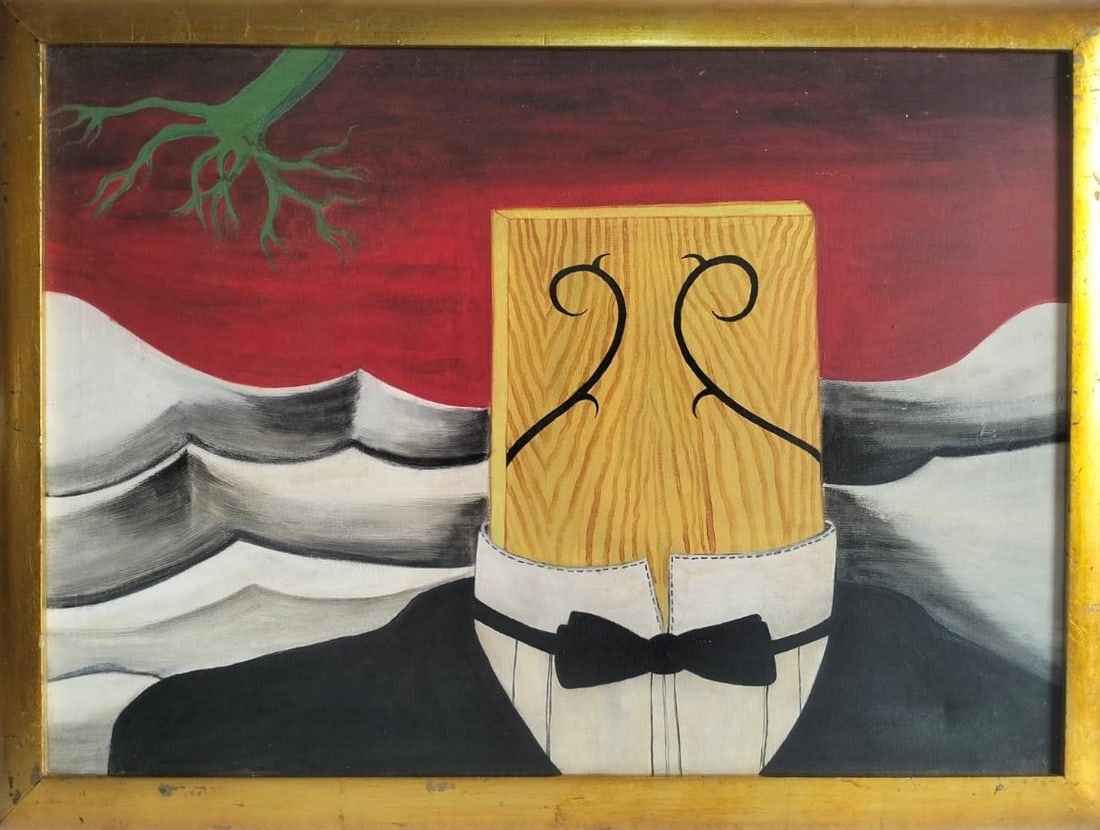René Magritte Belgian 1898–1967 Oil on Canvas Painting in the Style of Magritte. Dalí & Miró: Title: Mr. Olk Technique: Oil on canvas Measures: 19 × 27 inches (48.3 × 68.6 cm) Year: 1949 Condition: Overall strong presentation with stable surface and vivid tonal contrasts; minor craquelure an