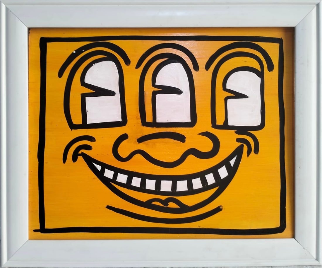 Keith Haring American 1958 - 1990 Acrylic on masonite. In The Style of. Warhol & Haring Pop Art: Title: Radiant Smile Figure Technique: Acrylic on masonite Measures: 19 × 16 inches (48.3 × 40.6 cm) Year: 1983 Condition: Well-preserved surface with bold pigment saturation and stable composition;