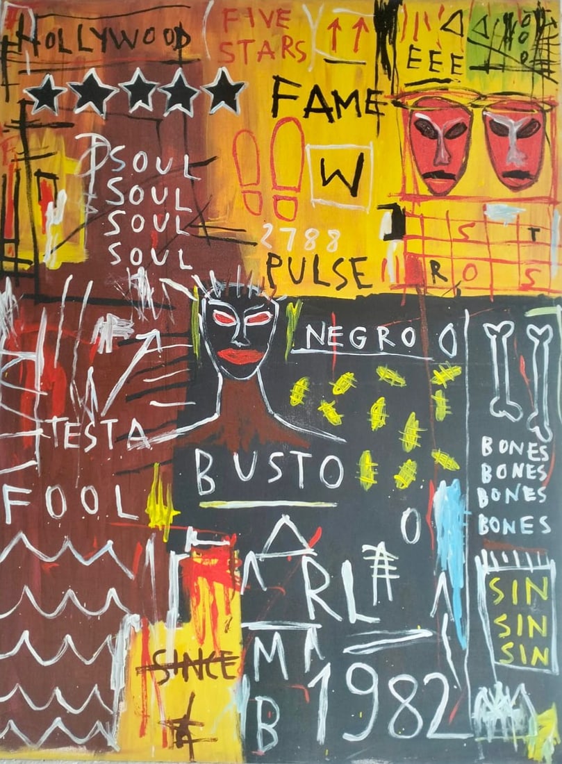 Jean Michel Basquiat 1960-1988 Acrylic on Canvas In The Style of. Haring,Warhol,Basquiat Era.: Title: Untitled Technique: Acrylic on canvas Measures: 47.5 × 35.5 inches (121 × 90 cm) Year: 1982 Condition: Strong overall presentation with vivid coloration and expressive surface texture; minor 