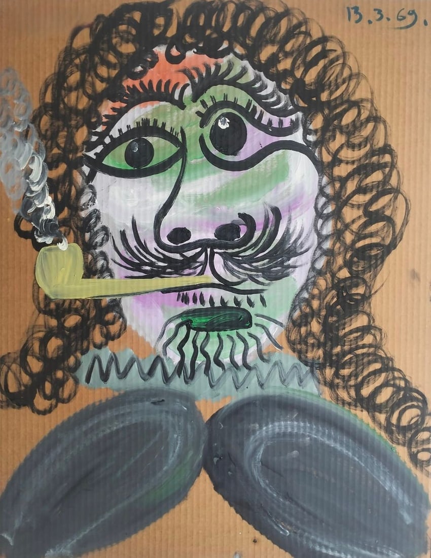 Pablo Picasso Spanish 1881-1973 Oil on Canvas Painting in the Style of Picasso. Magritte & Chagall: Title: Buste d’homme Technique: Oil and Ripolin on corrugated cardboard. Measures: 28 x 22 inches (71 x 56 cm). Year: 1969. Condition: Vibrant surface with expressive texture and bold coloration; mi