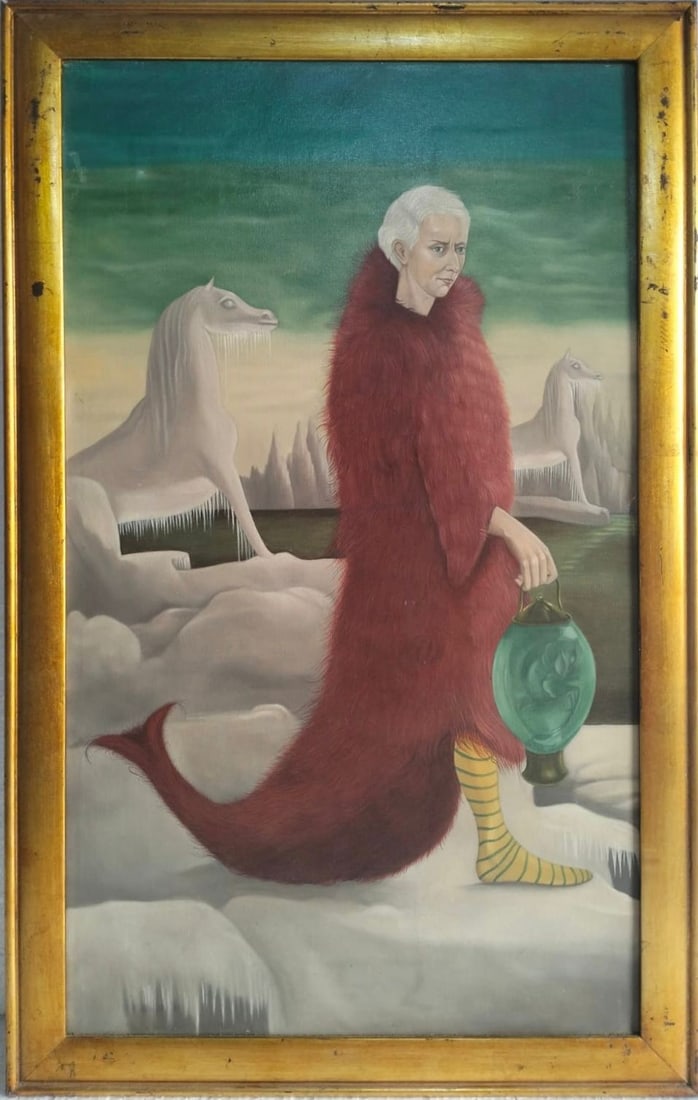 Leonora Carrington British-Mexican 1917–2011 Oil on Canvas Painting in the Style of. Remedios: Title: Ice Burst Technique: Oil on canvas. Measures: Framed vertical composition; exact dimensions not confirmed. Year: 1956. Condition: Presented in strong vintage condition with rich color saturatio