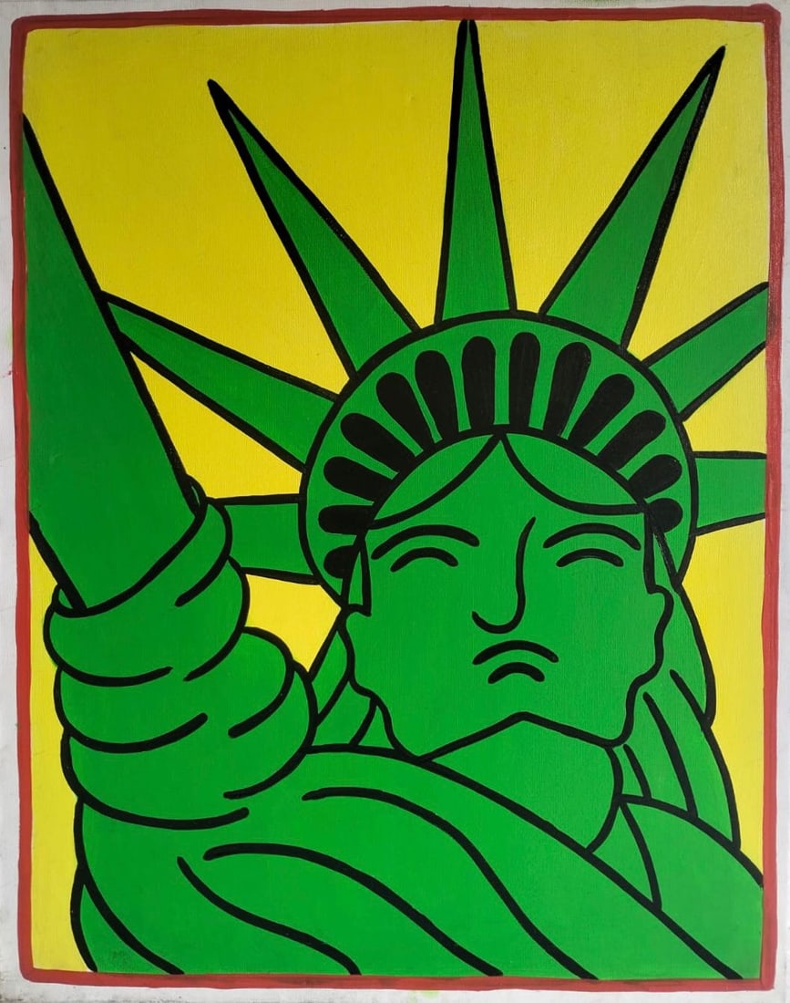 Keith Haring American 1958 - 1990 Acrylic/Canvas In The Style of. Warhol & Haring Pop Art Period.: Title: Liberty Head Technique: Acrylic on canvas. Measures: 27 x 19 inches. Year: 1982. Condition: Strong visual presentation with vivid color fields and crisp linear composition; minor handling wear 