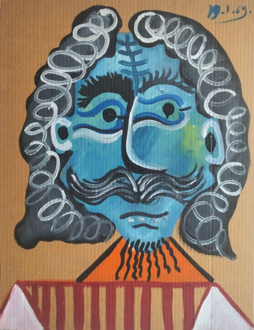 Pablo Picasso Spanish 1881-1973 Oil on Canvas Painting in the Style of Picasso. Magritte & Chagall: Title: Buste d’homme Technique: Oil and Ripolin on corrugated cardboard. Measures: 28 x 22 inches. Year: 1969. Condition: Strong colors and expressive surface texture; minor edge wear and handling m