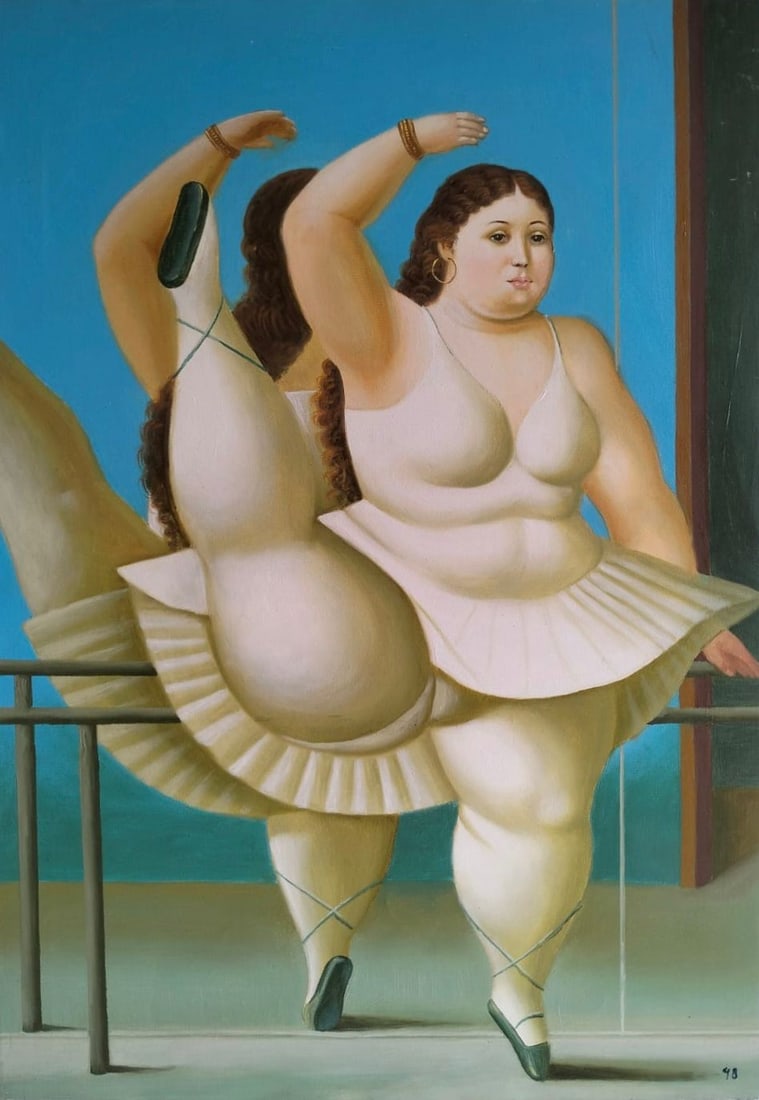 Fernando Botero Colombian 1932–2023 Oil on Canvas Painting in the Style of. Latin American: Title: Ballerina Technique: Oil on canvas. Measures: 27 x 18 inches (69 x 46 cm). Year: 1948. Condition: Well-preserved surface with balanced coloration and refined detailing; minor age-related wear a
