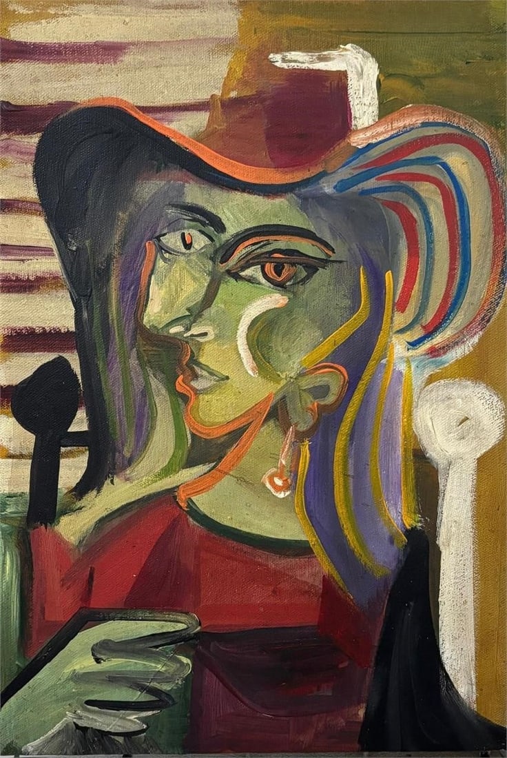 Pablo Picasso 1881–1973 Spanish Oil on Canvas In the Style of. Cubism, Picasso, Modernist Era.: Title: Untitled Technique: Oil on canvas Measures: 20 × 13 inches (50.8 × 33 cm) Year: Circa late 20th century Condition: Surface presents well with vivid coloration and stable paint layers; minor e