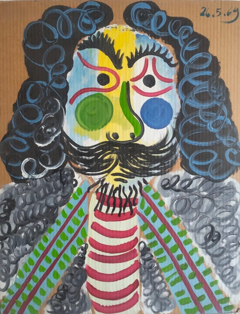 Pablo Picasso Spanish 1881-1973 Oil on Canvas Painting in the Style of Picasso. Magritte & Chagall: Title: Buste d’homme Technique: Oil and Ripolin on corrugated cardboard. Measures: 28 x 22 inches (71 x 56 cm). Year: 1969. Condition: Strong visual presentation with vivid coloration and expressive