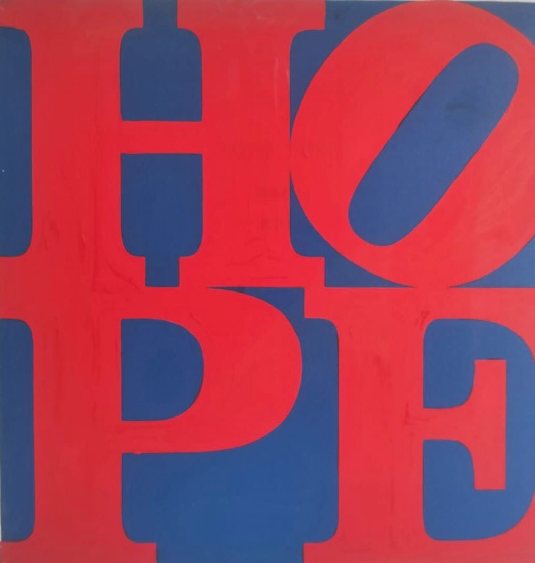 Robert Indiana American 1928–2018 Oil on Canvas Painting in the Style of. Pop Art, Hard-Edge: Title: HOPETechnique: Acrylic on canvas.Measures: 23 x 23 inches (58.4 x 58.4 cm).Year: 1968.Condition: Good condition. Surface is stable with strong chromatic saturation and crisp edge definition. Mi