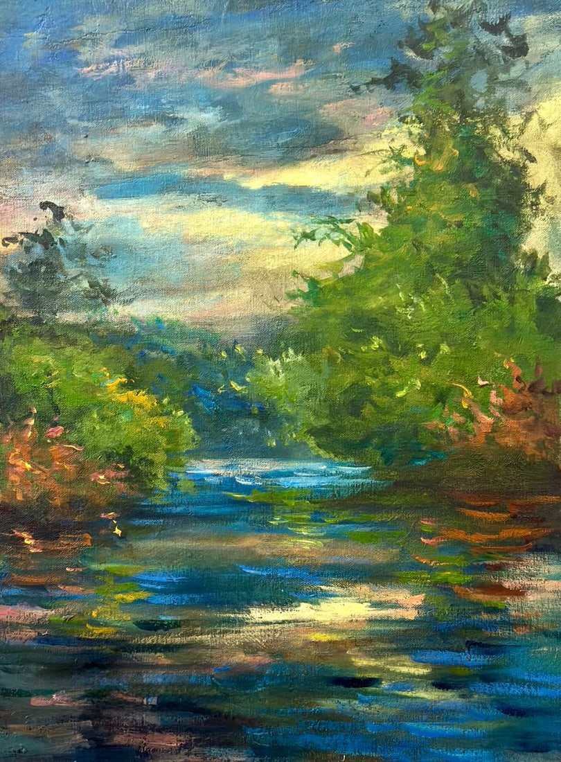 Claude Monet French 1840 - 1926 Oil on Canvas in the style of . Renoir & Manet Impressionist Era.: Title: River Twilight Technique: Oil on canvas Measures: 15 x 11 inches Year: Late 19th Century Impressionist period Condition: Minor surface wear and light craquelure consistent with age; vibrant bru
