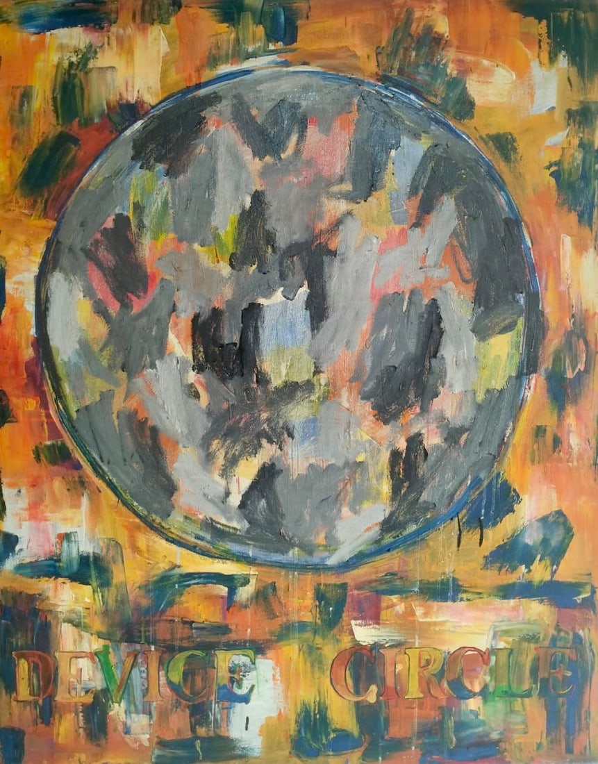 Joan Mitchell American 1925–1992 Oil on Canvas Painting in the Style of. Abstract Expressionism,: Title: Device Circle Technique: Oil on canvas. Measures: 43.5 x 35.5 inches (110 x 90 cm). Year: 1965. Condition: Expressive painted surface with vibrant coloration and layered texture; scattered craq