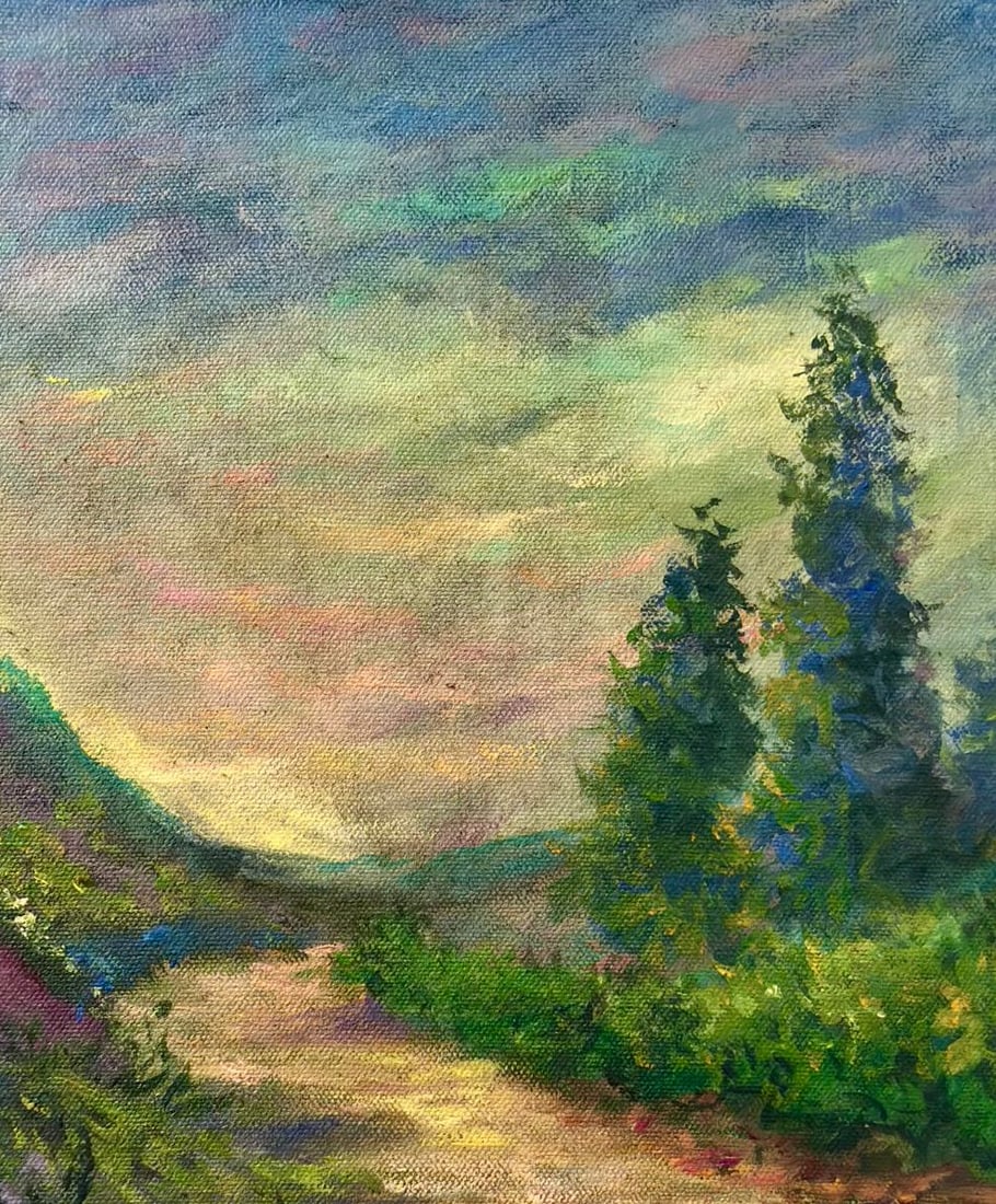 Claude Monet French 1840 - 1926 Oil on Canvas in the style of . Renoir & Manet Impressionist Era.: Title: Evening Valley Technique: Oil on canvas Measures: 13.4 x 9.9 inches Year: Late 19th Century Impressionist period Condition: Minor surface wear and light age-related craquelure; colors remain lu