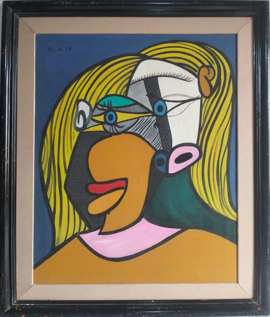 Pablo Picasso Spanish 1881-1973 Oil on Canvas Painting in the Style of Picasso. Magritte & Chagall: Title: Femme aux yeux bleus Technique: Oil on canvas. Measures: 32 x 26 inches. Year: 1938. Condition: Strong vivid coloration with stable painted surface; light frame wear, scattered age-related mark