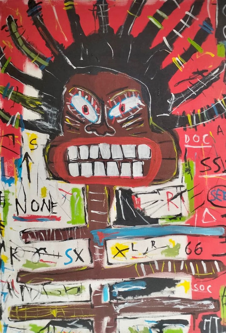 Jean Michel Basquiat 1960-1988 Mixed Media/Canvas In The Style of. Haring,Warhol,Basquiat Era.: Title: Untitled Technique: Acrylic on canvas. Measures: 47.5 x 35.5 inches. Year: 1982. Condition: Bold expressive surface with vibrant coloration and layered texture; minor edge wear, scattered handl