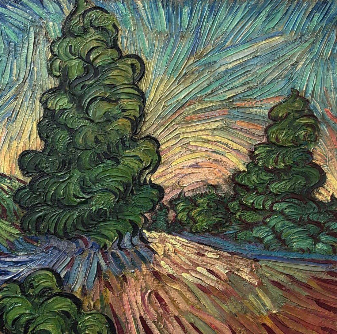 Vincent Van Gogh Dutch 1853-1890 Oil on Canvas painting in the style of. Gaugin, Monet, Degas Period: Title: Cypress Horizon Technique: Oil on canvas Measures: 9 x 10 inches Year: Late 19th Century Post-Impressionist period Condition: Thick impasto surfaces remain well preserved with minor edge wear a